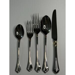 Vtg Mikasa Lyons Gold Accents 5 Piece Stainless 18-8 Steel Place Setting Korea